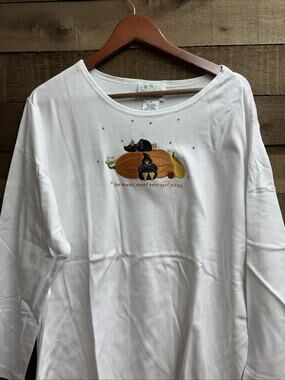 Quacker Factory Crows Pumpkin Stuff Yourself White Rhinestone Knit Shirt 1X